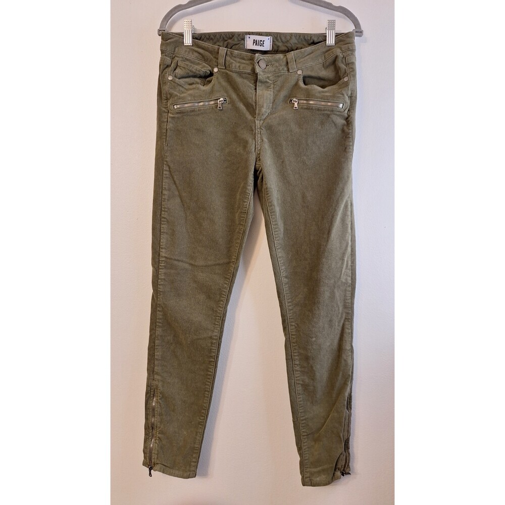 PAIGE ARMY GREEN CASUAL OUTDOOR SKINNY ZIPPER ANKLE CORDUROY PANTS WOMEN SIZE 29